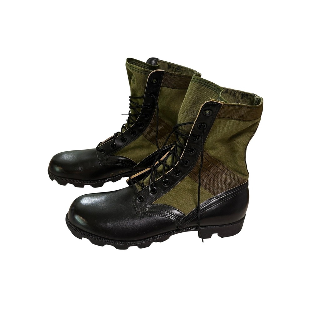 Vtg Bata Military Combat Boots 11N Spike Protective Black Green Leather 1990s